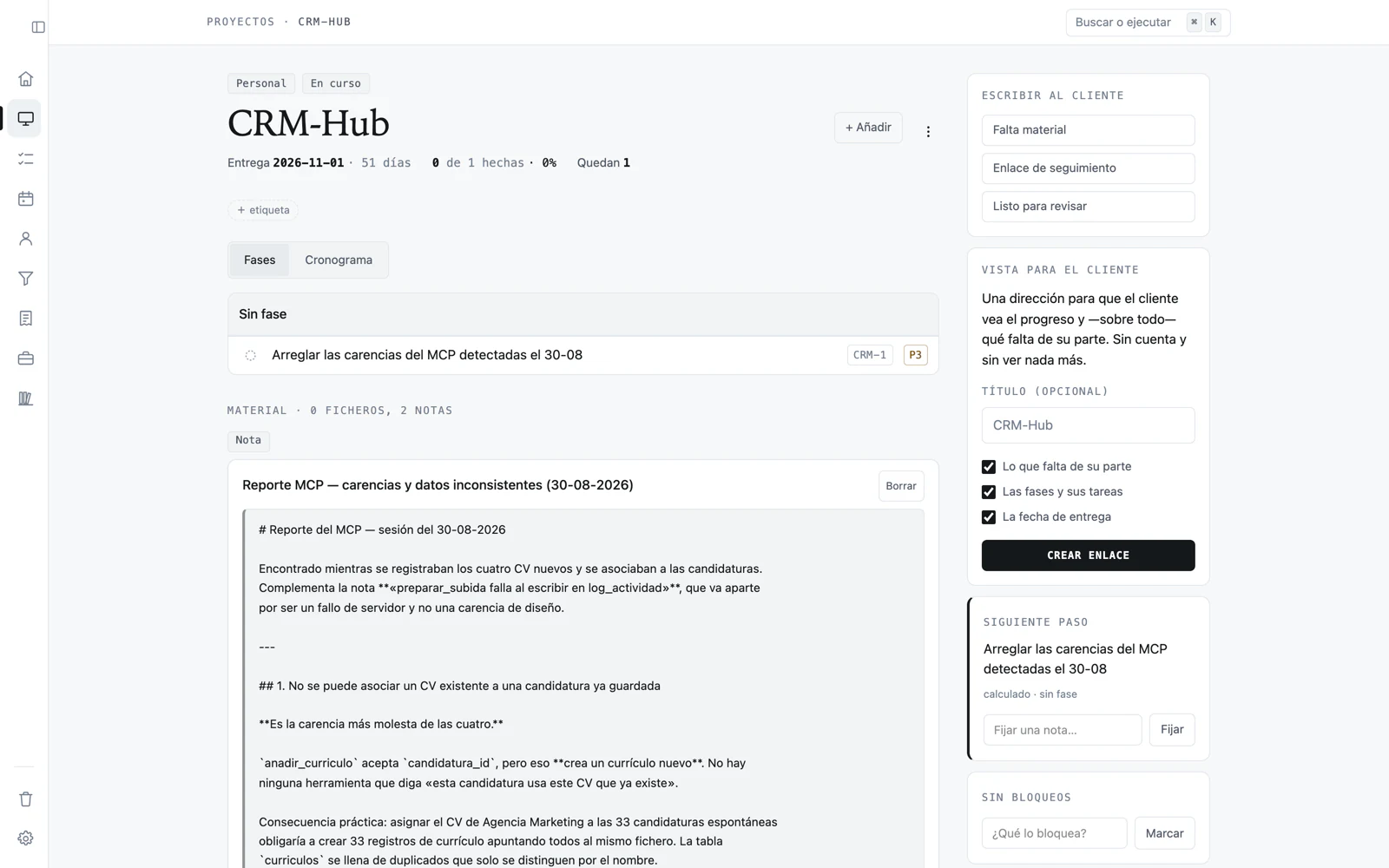 Ficha real de Second Brain con fases, vista para el cliente y nota de auditoría MCP.