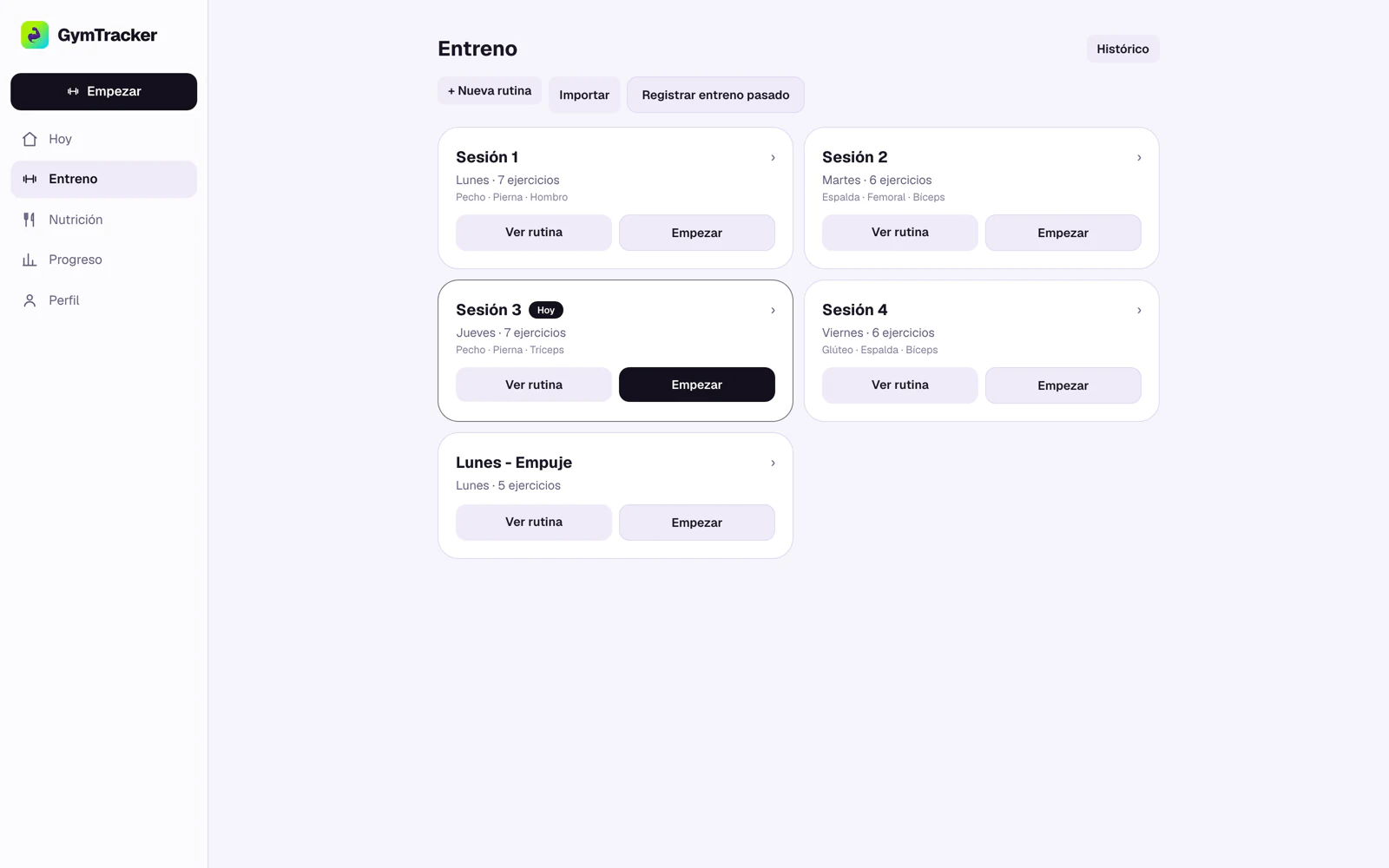 GymTracker: sesiones asociadas a días, acceso al histórico e importación de rutinas.
