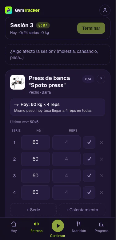 GymTracker móvil en modo oscuro: última sesión, propuesta de carga y registro de series.