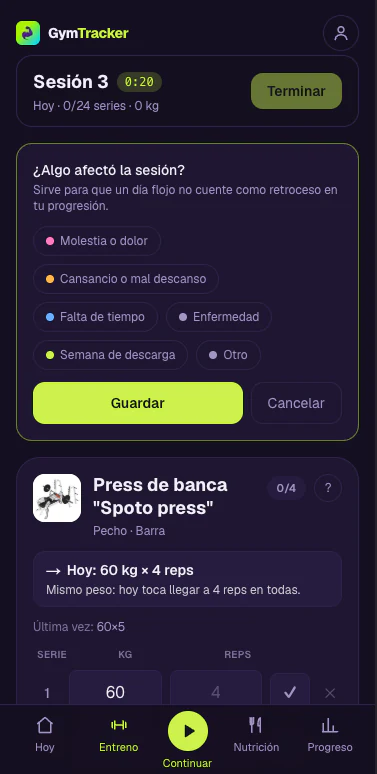 GymTracker móvil en modo oscuro: registro de cansancio y molestias de la sesión.