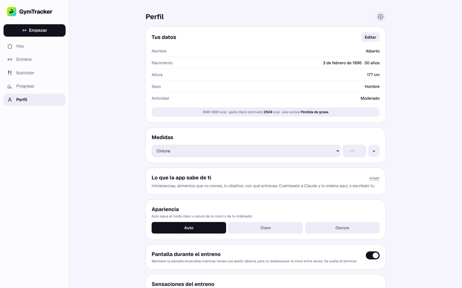 GymTracker: perfil, gasto diario estimado y preferencias de apariencia.
